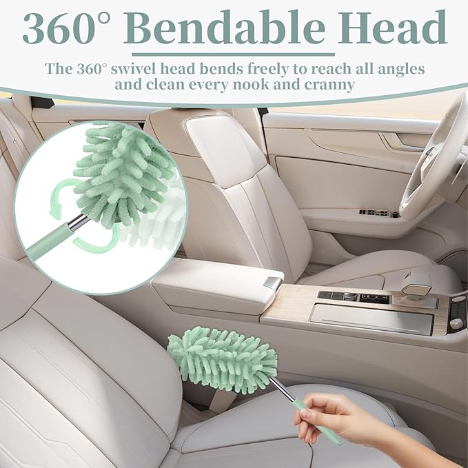2 PCS Car Interior Duster with Extension Pole, Microfiber Car Dusters with Bendable Head, Cars Dusters Exterior&Interior Scratch Free, for Cleaning of Vehicle Details, Offices, Window (Light Green)