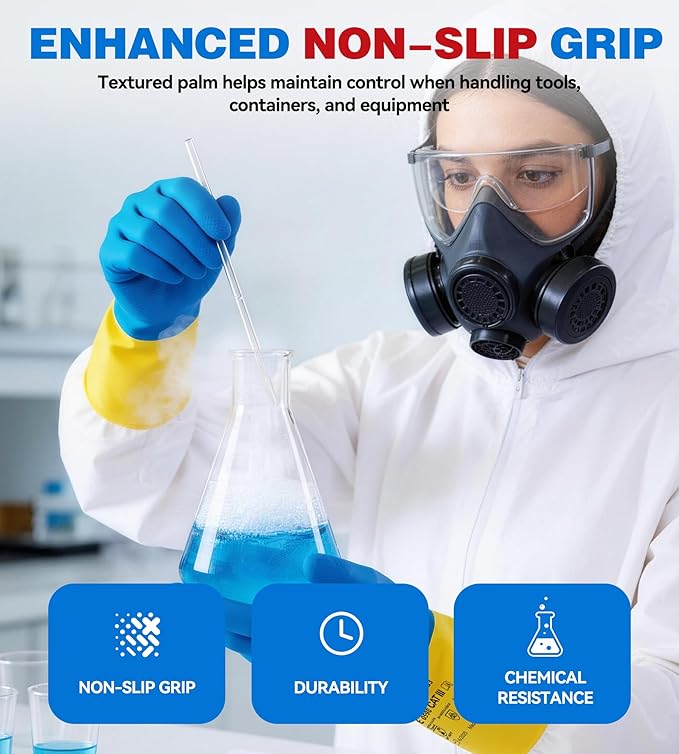 2 Pairs Neoprene and Rubber Blend Heavy-Duty Chemical Gloves, Protective industrial gloves for Resist Acid, Alkali, Hazmat, cleaning, dishwashing, Large