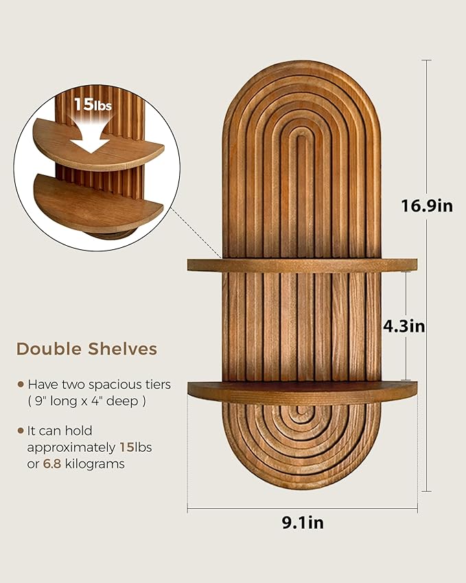 Bamworld Boho Wall Decor Brown Plant Wall Shelf, Mid Century Modern Decor Hanging Plant Shelf, 2-Tier Wooden Floating Shelves for Home, Bathroom Bedroom Living Room, Office Holding Planter Decoration