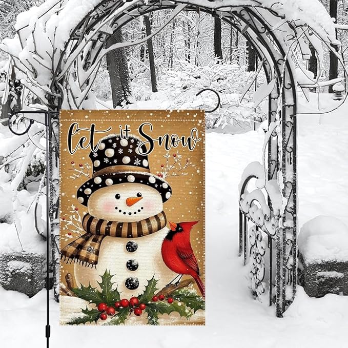 Let It Snow Snowman Garden Flag Double Sided 12x18 Inch Burlap Winter Outdoor Yard Decoration with Cardinal Bird and Holly Christmas Holiday Decor