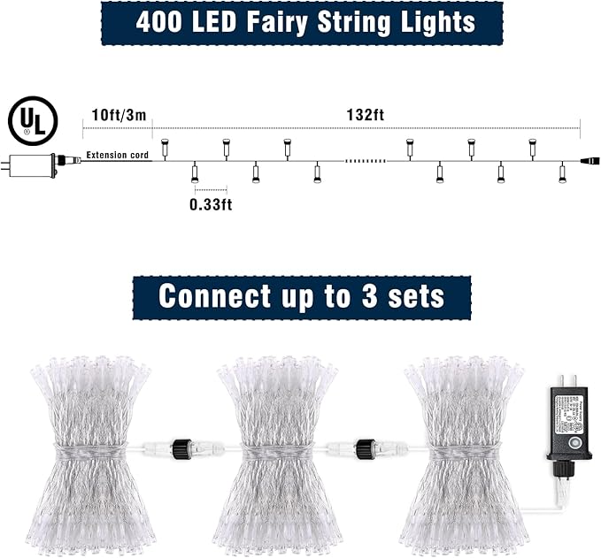 132FT 400 LED Christmas Lights Outdoor, 8 Modes Clear Wire Christmas String Lights Indoor, Plug in Twinkle Fairy Light for Bedroom Wedding Tree Party Decorations, Warm White