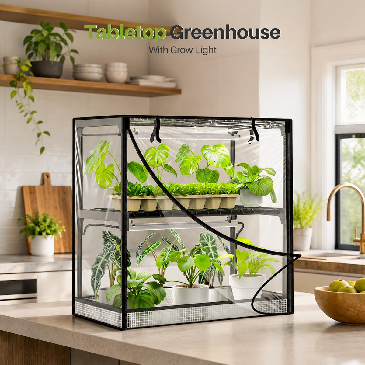 Inzlume 2-Tier Desktop Indoor Greenhouse with Grow Light, 11.8x23.6x23.6