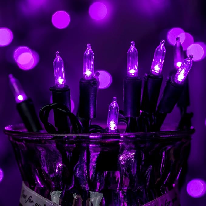 YULETIME Purple LED Christmas Lights with Black Wire, 33 ft 100 Count UL Certified Commercial Grade Halloween String Light Set (Purple - Black Wire)