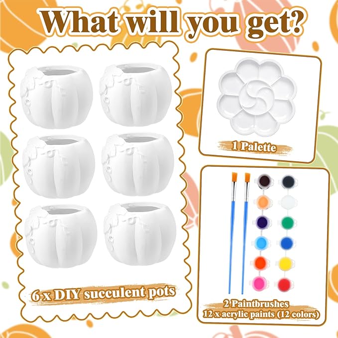 Pasimy 6 Set Ceramics to Paint DIY Ceramic Succulent Planter Pots Paint Your Own Flower Pots Craft Kit Unpainted Bisque Flowerpot with Brush Palette for Family Activity Holiday Gifts(Pumpkin)