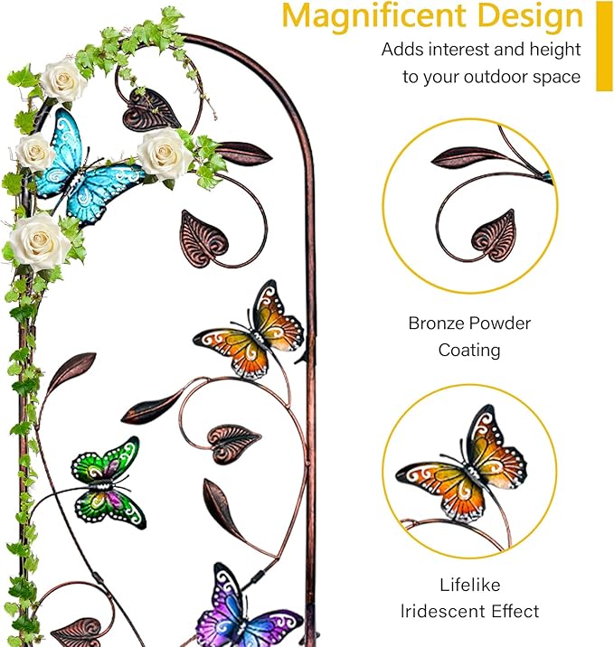 aboxoo Set of 2 Packs Butterfly Metal Garden Trellis for Climbing Plants,Outdoor Decorative Flowers Arch Fence Trellis for Outdoor Patio,Garden,Lawn,Yard,Backyard,Wall Brackets,60'' H x 11'' W