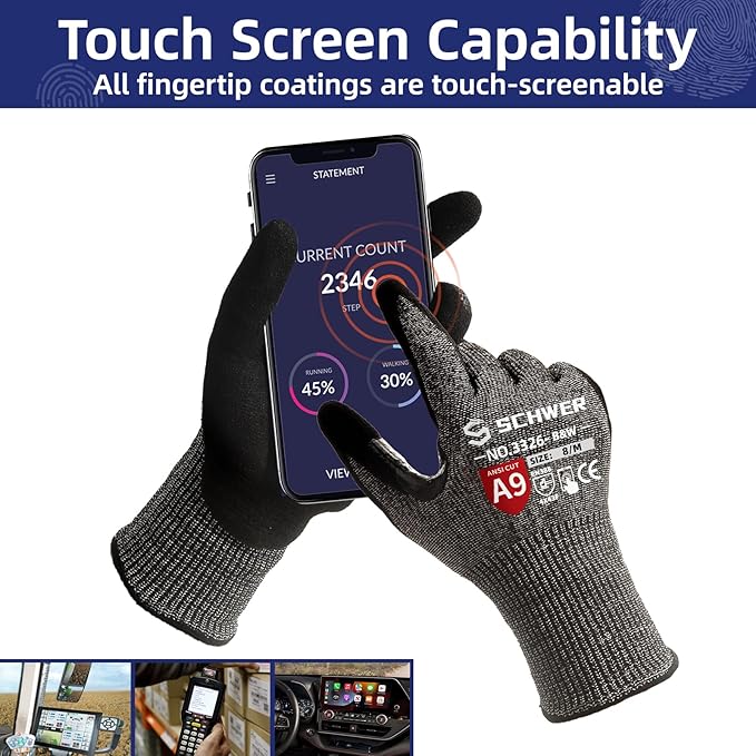Schwer ProGuard Highest Level Cut Resistant Work Gloves PR3326 for Extreme Protection，ANSI A9 Cut Gloves with Reinforced Thumb, Non Slip, Breathable, Durable, Touch-screen, Non PFAS, Black 1 Pair（M）