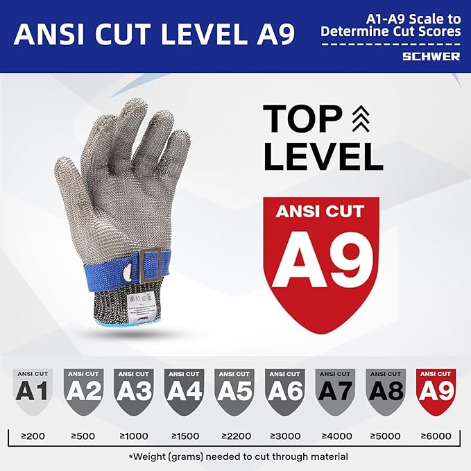 Schwer SlicePro ANSI A9 Cut Resistant Glove PR1706, Stainless Steel Mesh Metal Glove, Food Grade for Kitchen Cooking, Butcher Meat Cutting, Oyster Shucking, Mandoline, Fishing, Non-PFAS(L, 1 Pair)