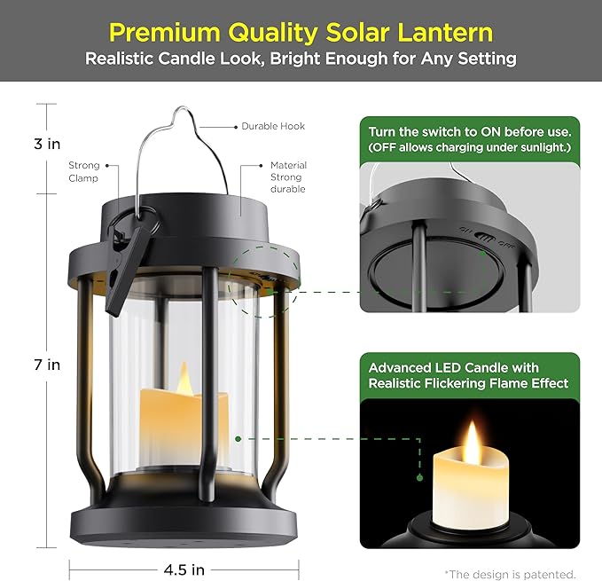 Solar Lantern Outdoor & Indoor Use – Hanging Solar Lights with Realistic Flickering Flameless Candle, Weatherproof for Gardens, Patios, Trees, and Lawns (Black, 4 Pack)