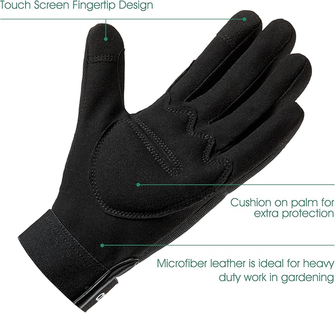 COOLJOB Thorn Proof Garden Gloves with Touchscreen Fingers for Men, Rose Pruning Work Gloves with Palm Cushion for Gardener, Farmer and Landscaper (Black 1 Pair XL)