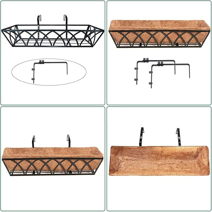 Y&M 24in Window Planter Box 4Pcs Iron Railing Planter with Coco Liner for Outdoor Balcony Rail, Fence, Porch, Patio