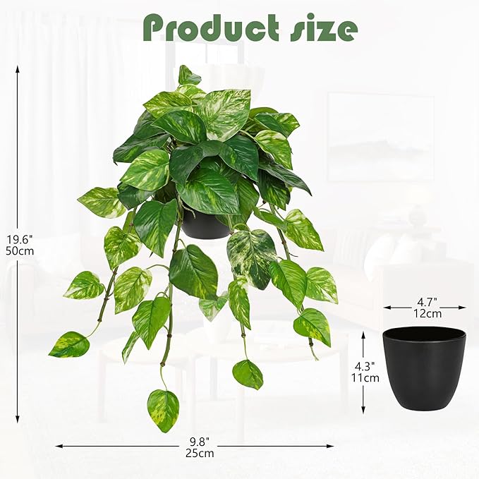 Hollyone Artificial Hanging Pothos Plants Potted Fake Ivy Faux Pothos Vine Leaves Hanging Greenery Plant in Black Pot for Home Indoor Tabletop Bedroom Patio Shelf Office Decor