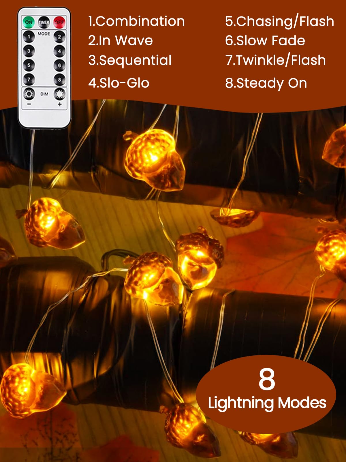 2 Pack 30 LED Acorn Fall Decorations, String Lights Battery Operated Remote