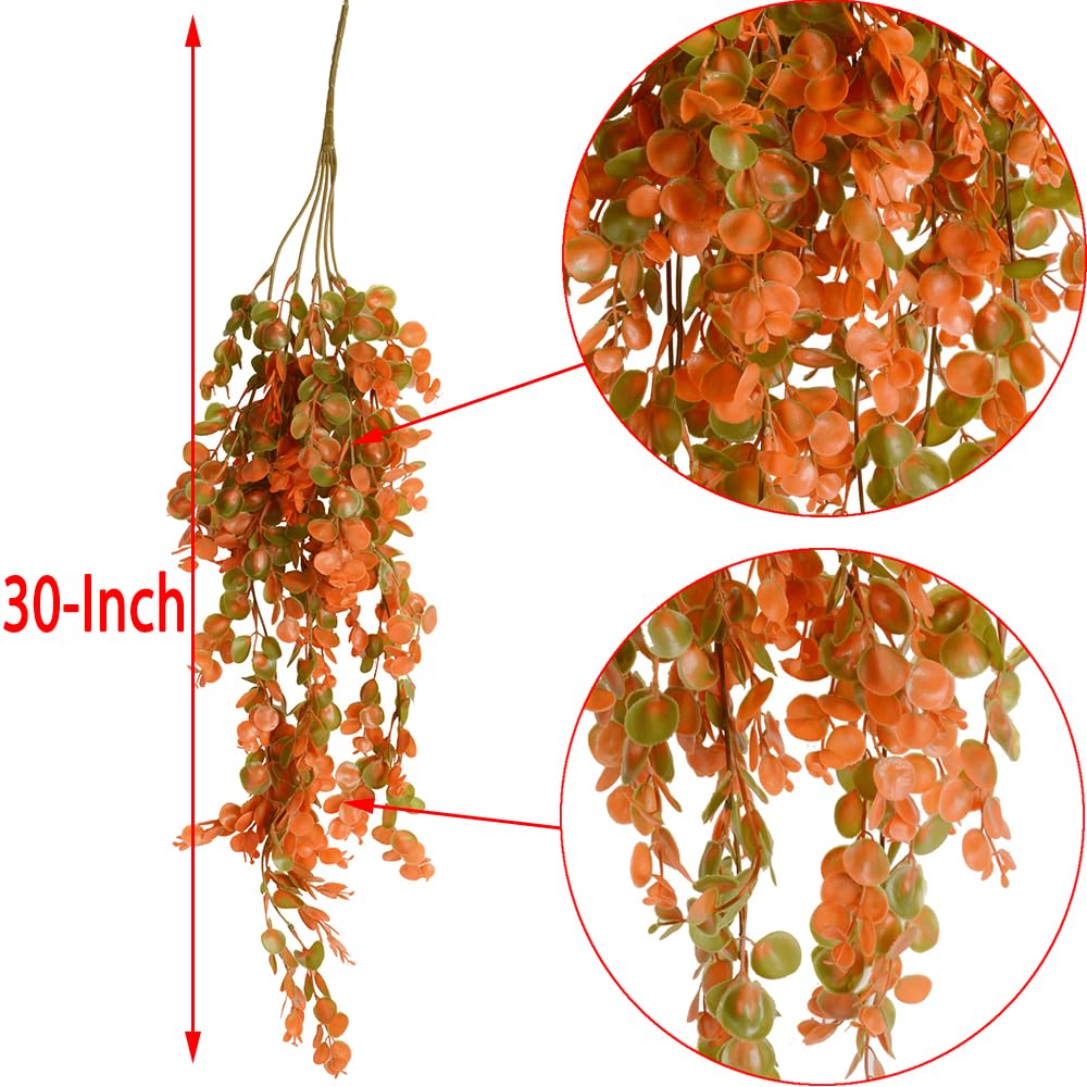 Antspirit 2pcs Artificial Hanging Fall Plants Fake Hanging Plant Faux Eucalyptus Leaf Greenery Vine Outdoor UV Resistant Plastic Plants (2, Fall Orange)
