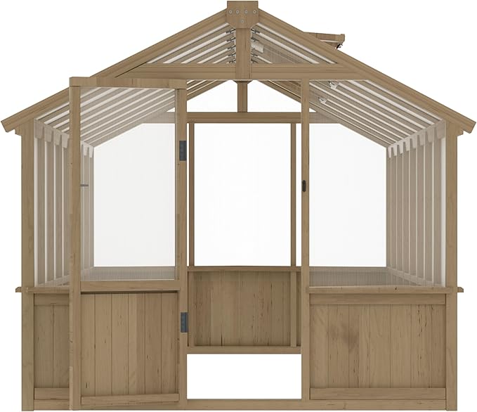 Mupater 8 x 16 FT Wooden Greenhouse for Outdoor, Heavy Duty Greenhouse Kit with Vent Window and Lockable Door, Walk-in Green House for Garden, Patio, Backyard and Lawn, Brown