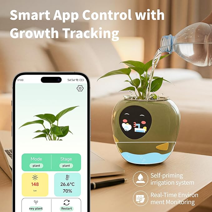 Plantbot Upgraded Large Smart Flower Pot Pet Planter Robot with Artificial Intelligence, Time Temperature Display, and Numerous Expressive Animations Based, for Indoor Decoration, Gifts (White)