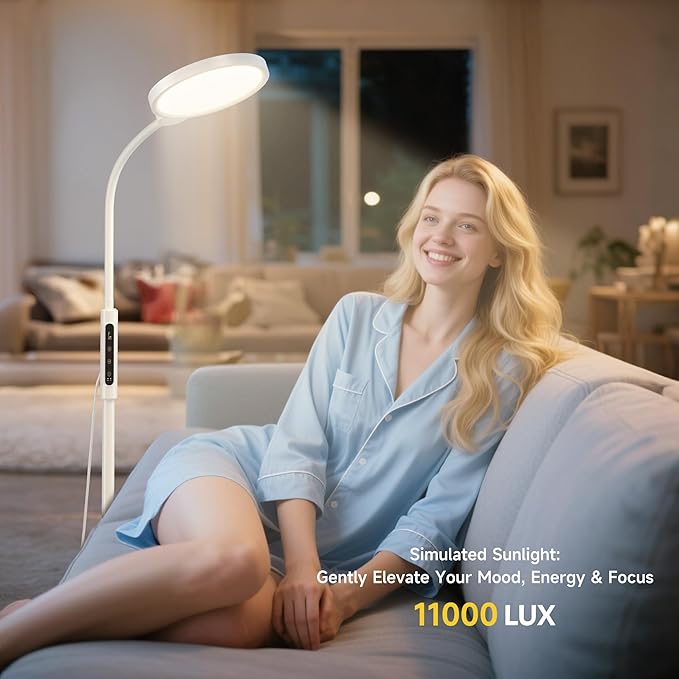 Happy Light Therapy Lamp, 11000 Lux UV-Free Floor Sun Light Lamp with Touch Remote Control, 5 Color Temperatures 10 Brightness Levels Lights for Living Room Bedroom Office