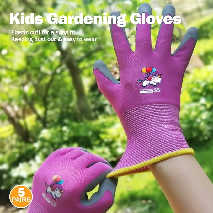 5 Pairs Kids Gardening Gloves Yard Work Gloves Children Soft Safety Rubber Coated Gloves for Toddlers Youth Girls Boys Children (6-8yr M)