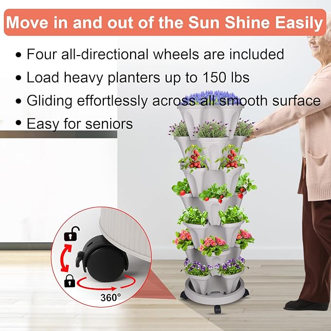 DUNCHATY Stackable Vertical Garden Planter, 7 Tier Herb Planter Pots, Indoor/Outdoor, Gray