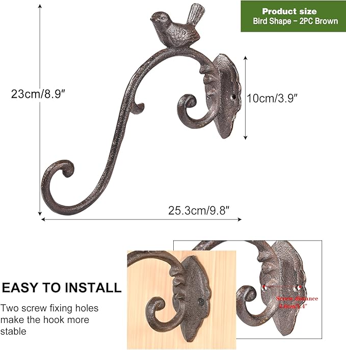 Sungmor Cast Iron Plant Hanger Wall Hooks, Heavy Duty Hanging Basket Brackets, Lovely Bird Shape & 10 inch & 2PC Brown, Decorative Wall Hangers for Planters Lanterns Bird Feeders Houses Wind Chimes