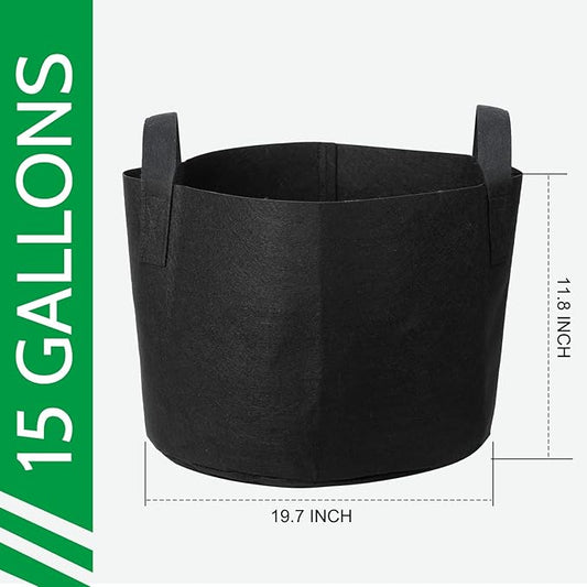 JERIA 12-Pack 15 Gallon, Vegetable/Flower/Plant Grow Bags, Aeration Fabric Pots with Handles (Black), Come with 12 Pcs Plant Labels