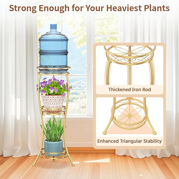 LASZOLA Gold 3 Tier Tall Plant Stand for Indoor Outdoor, Large Multiple Level Flower Planter Holder Organizer Rack for Patio Office Bathroom Corner Floor, Sturdy Heavy Duty Metal, Vertical Display
