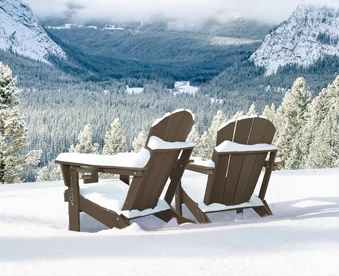 Folding Adirondack Chairs - Plastic Adirondack Chairs with Cup Holder, Weather Resistant for Outdoor, Patio, Lawn, Garden, Backyard Deck, Fire Pit - Dark Brown