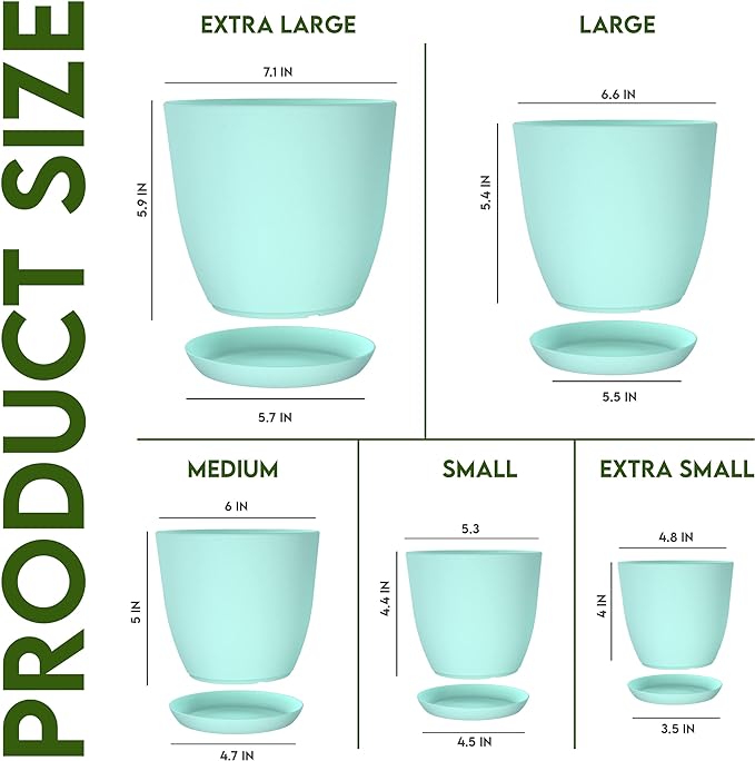 Utopia Home - Plant Pots Indoor with Drainage - 7/6.6/6/5.3/4.8 Inches Flower Pots for Indoor Planter - 5 Pack Plastic Planters - Ideal for Stocking Stuffers or Home Christmas Decorations - Aqua