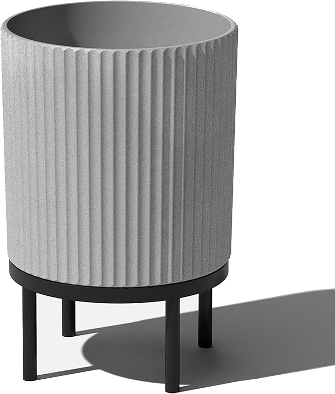 Veradek Demi Series Round Planter w/ Stand for Porch/Patio | Durable Plastic-Concrete & Wooden Stand | Modern Décor for Tall Plants, Flowers