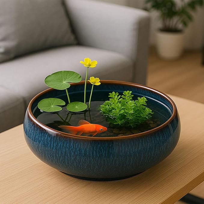 Oncpcare Lotus Bowl Planter – Glazed Ceramic Water Plant Pot for Indoor Outdoor Use, Shallow Hydroponic Vase for Lotus Seeds, Succulents, Bonsai, Water Lily Arrangement (Blue)