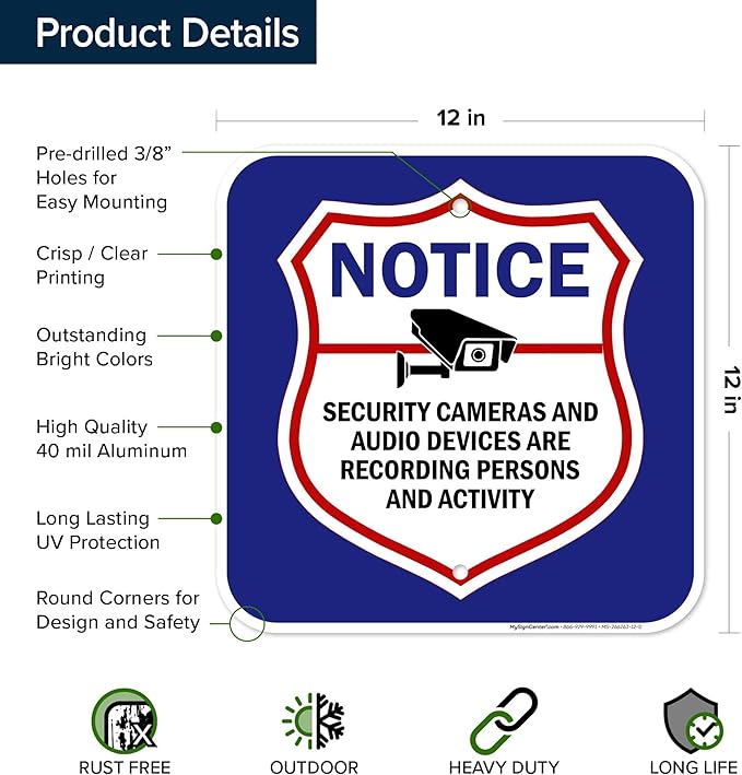 Notice Security Cameras And Audio Devices Are Recording Persons And Activity Sign, 12x12 Inches, Rust Free .040 Aluminum, Fade Resistant, Made in USA by My Sign Center