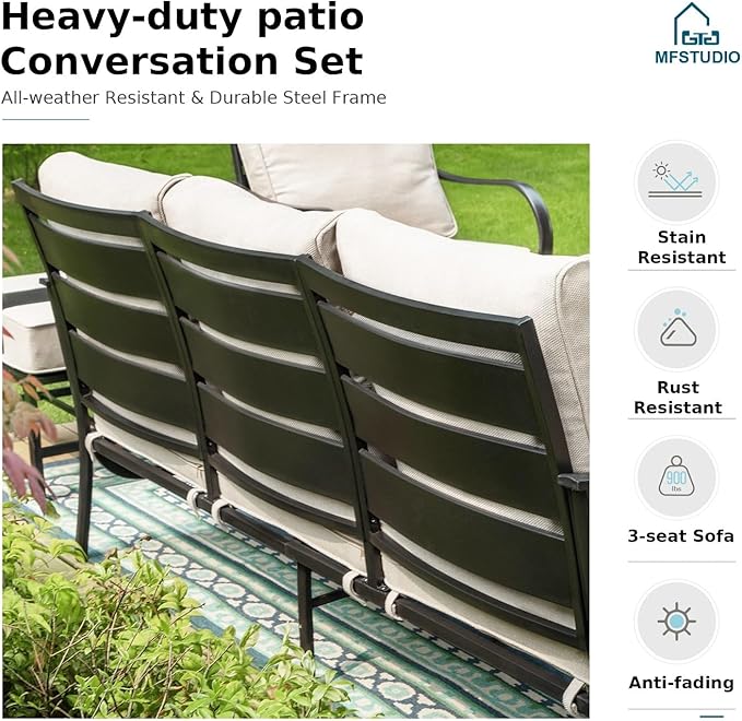 MFSTUDIO 5 Pieces Patio Conversation Sets,Outdoor Metal Furniture Sofas with 1 x 3-Seat Sofa, 2 x Rocking Chairs,2 x Ottoman,Wrought Iron Frame with Beige Cushion for Patio Courtyard Balcony