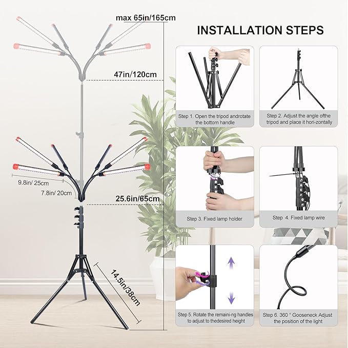 6Head Grow Lights for Indoor Plants, Seed Starting, Vegetables, Bonsai with Tripod Stand and Auto On/Off Timer 4/8/12H, 54W Power Full Spectrum Standing LED Plant Growing Lamps, 360° Gooseneck