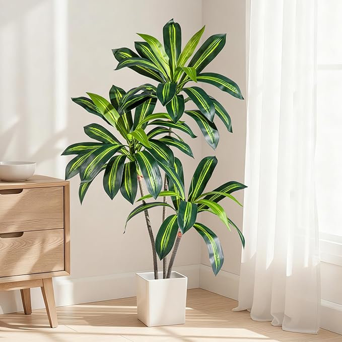 Artificial Dracaena Plant 4FT - Realistic Fake Dracaena Tree Tall Large Faux Silk Plants Fake Floor Potted Artificial Plants for Home Decor, Office Plants