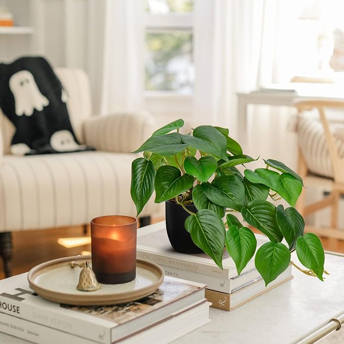 DILATATA Fake Plants Indoor 8 Inch Artificial Pothos Plant in Black Plastic Pot - Faux Potted Pothos Plant for Home Aesthetic Decor Living Room Shelf Office