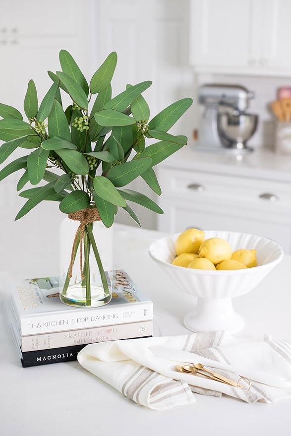 Briful Artificial Eucalyptus Stems in Clear Glass Vase with Faux Water, 14" Fake Plant Eucalyptus Leaves for Home Office Farmhouse Wedding Centerpiece Décor