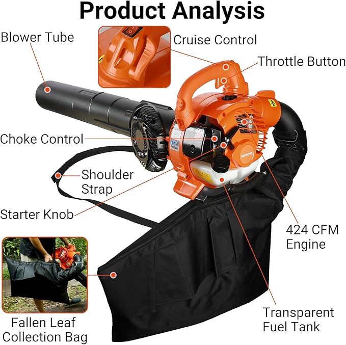 Leaf Blower & Leaf Vacuum Cordless,2 Stroke 424 CFM Handheld Leaf Blower,26CC Gas Powered Leaf Blower Dual-Purpose (Blowing and Suction) Cleaner with Collection Bag for Cleaning Leaf Snow