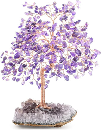MASGEMES Natural Gemstone(406 Stone Count) Amethyst Crystal Tree of Life,Chakra Balancing Positive Enegy Fengshui Decor Bonsai Money Tree,Good Luck Spiritual Gift Height 8.5-9 Inches