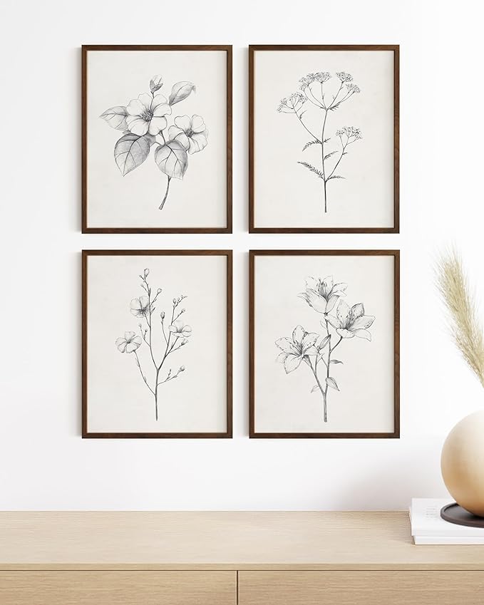 Haus and Hues Grey Floral Wall Art - Set of 4 Plant Posters for Wall Vintage, Botanical Prints, Black and White Flower Pictures for Room Aesthetic, Farmhouse Bathroom, Rustic Art (Walnut Frame, 11x14)