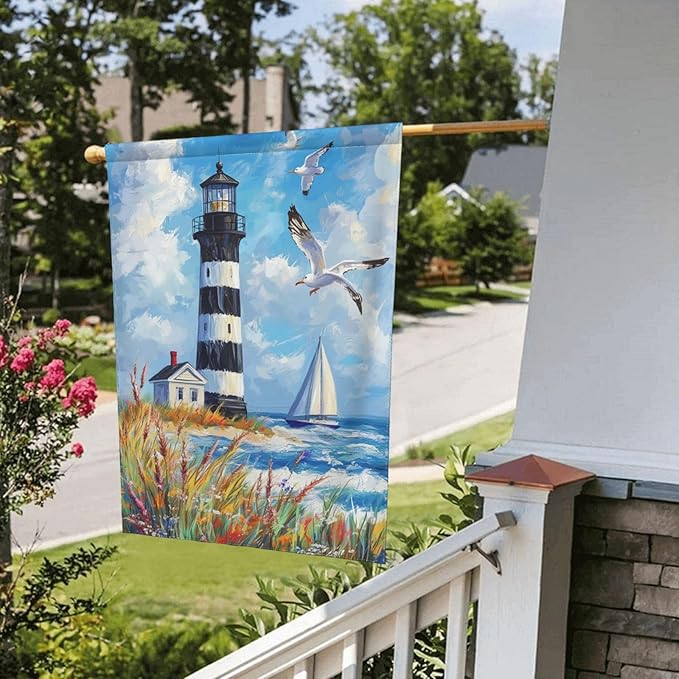 Lighthouse Seagulls Garden Flag 12x18 Inch Double Sided All-Weather Polyester Outdoor Flag For Patio Lawn Yard And Garden Welcome Decor
