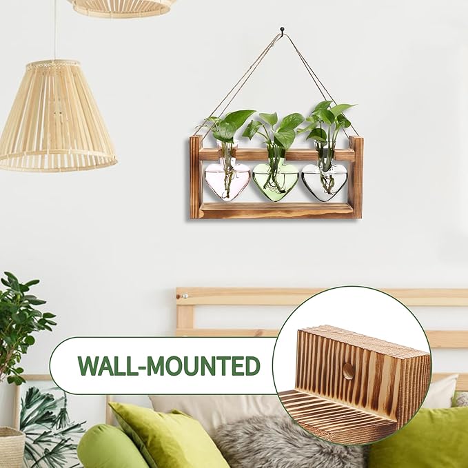 Plant Terrarium Propagation Stations Hydroponics Home Garden Decoration Gift for Women with Wooden Stand Heart Shaped Colored Glass Vase