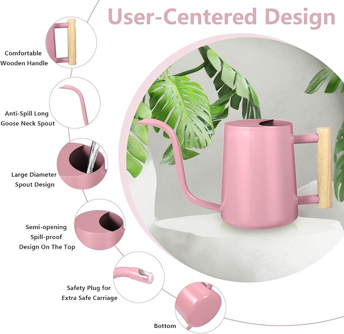 Watering Can Indoor Plants, 35oz Small Indoor Stainless Steel Metal Watering Can Modern Decorative Watering Pot with Long Spout for Indoor House Plant Bonsai Garden Flowers (Pink)