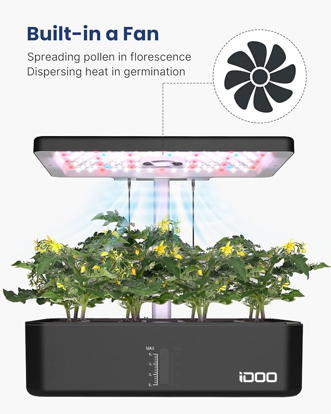 iDOO Hydroponics Growing System Kit 12Pods, Indoor Herb Garden System, with LED Grow Light, Built-in Fan, Auto-Timer, Adjustable Height Up to 11.3", for Home School, for Women Mom