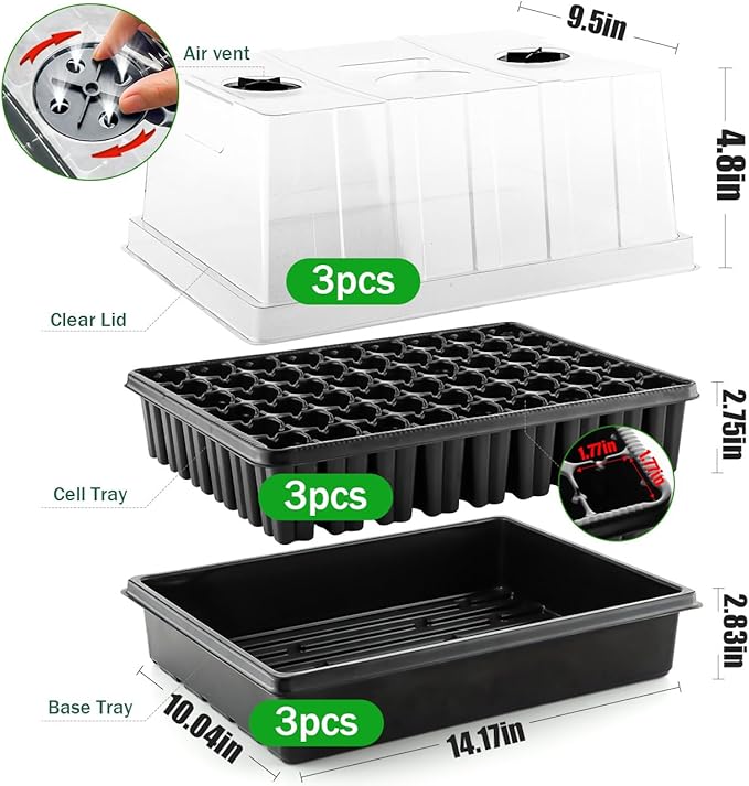Heavy Duty Seed Starter Trays with 5'' Tall Humidity Domes & 2.75'' Deep Cells – 3-Pack (162 Cells Total) Reusable Plant Germination Kit, Durable Plastic Seedling Trays for Herbs, Vegetables
