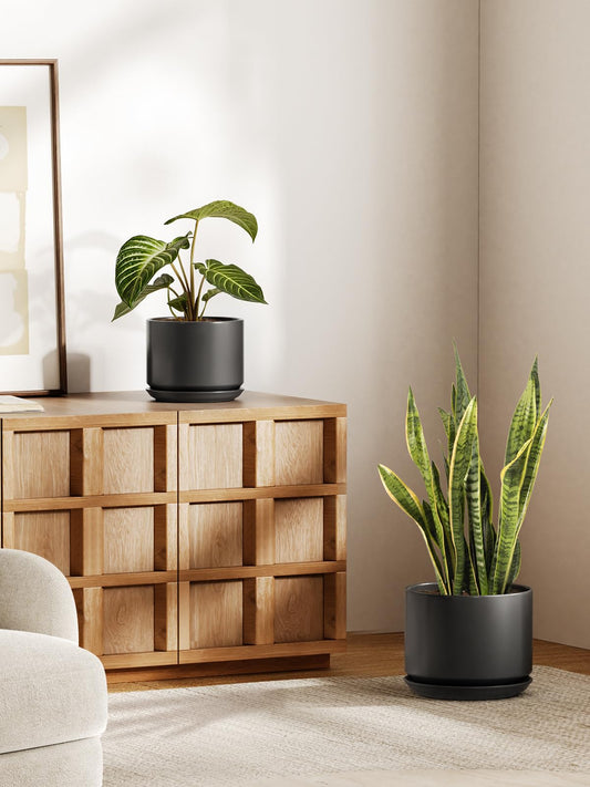 LE TAUCI 10 + 12 Inch Ceramic Plant Pots, Set of 2, Black