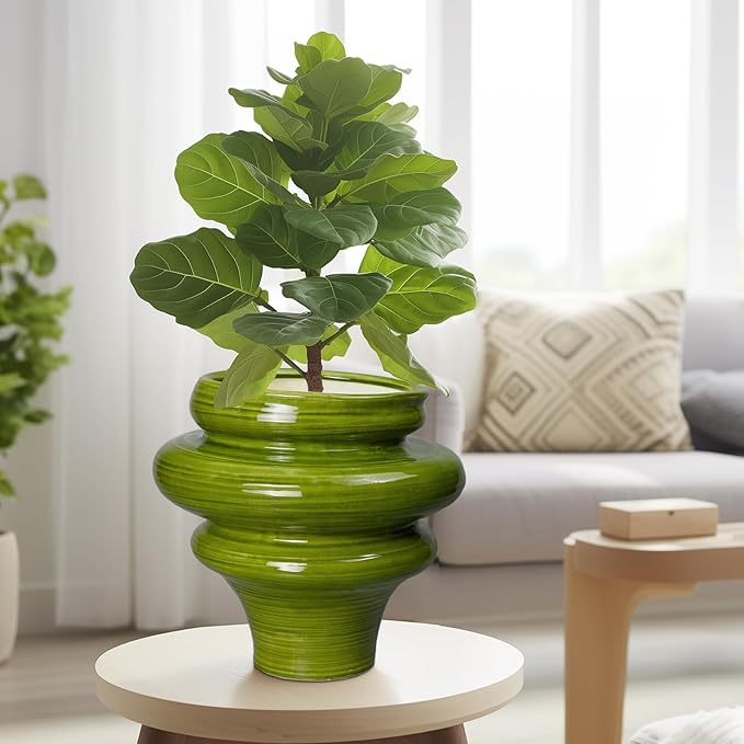 Teagas Ceramic Pot for Plants 11 Inch - Plant Pot for Indoor Outdoor, Decorative Bonsai Planter with Drainage Hole, Flower Pots for Office, Gift for Men Women, Green