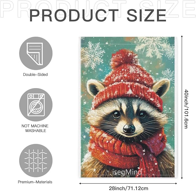 Raccoon with Red Scarf and Hat Snowflake Christmas Garden Flag, 28x40 Inch Double Sided Linen Holiday Red Winter Farmhouse Yard Outdoor Decoration (4326)