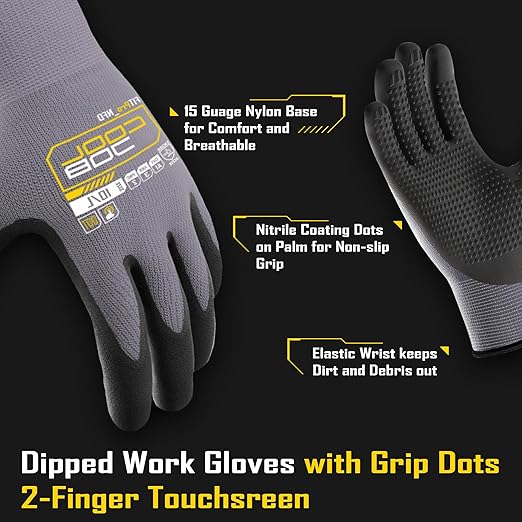 COOLJOB 6 Pairs Nitrile Rubber Dipped Safety Work Gloves with Grip Dots, Seamless Knit Nylon Gloves with 2 Fingers Touchscreen, Non-slip Coated for Warehouse, Home Improvement, Yard, Grey Xlarge