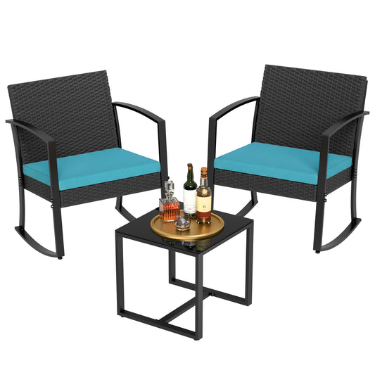 Homall Patio Furniture Set 3 Piece Resin Outdoor Bistro Set Rocking Patio Chairs with Cushions and Table for Porch, Poolside, Balcony and Yard (Blue)