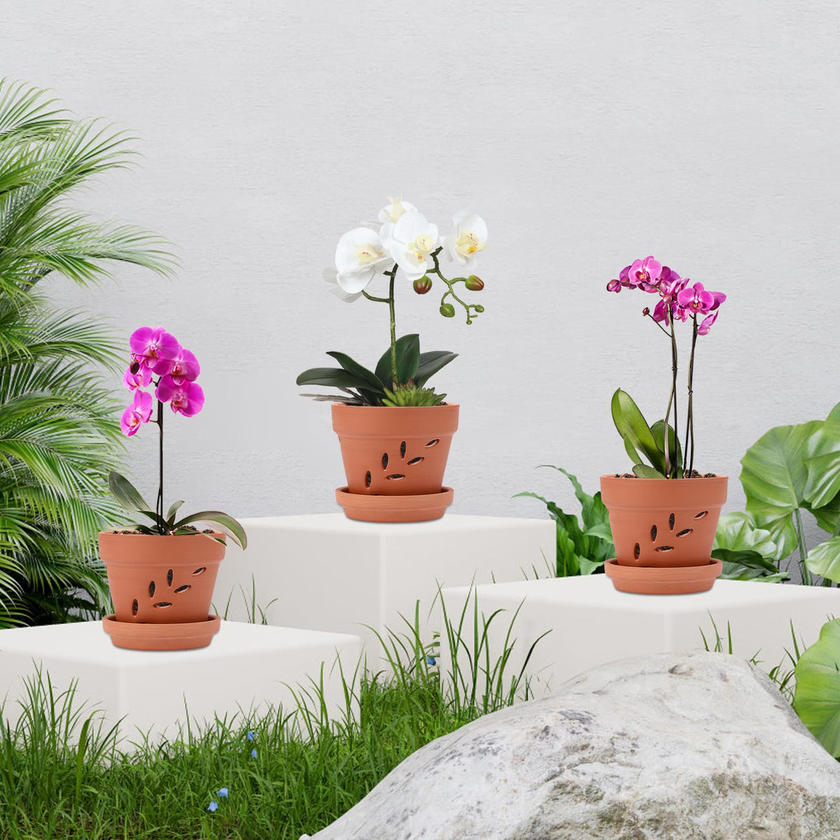 JUXYES 4" Hollowed Out Small Terracotta Orchid Pots with Holes and Saucer