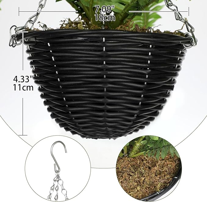 Hollyone Artificial Fern Hanging Basket Plant 25" Boston Ferns 31 Leaves Greenery Plants with Rattan Pot for Outdoors & Indoor Fake Fern Bush Plant in Pot for Patio Entrance Porch Garden Decor Green